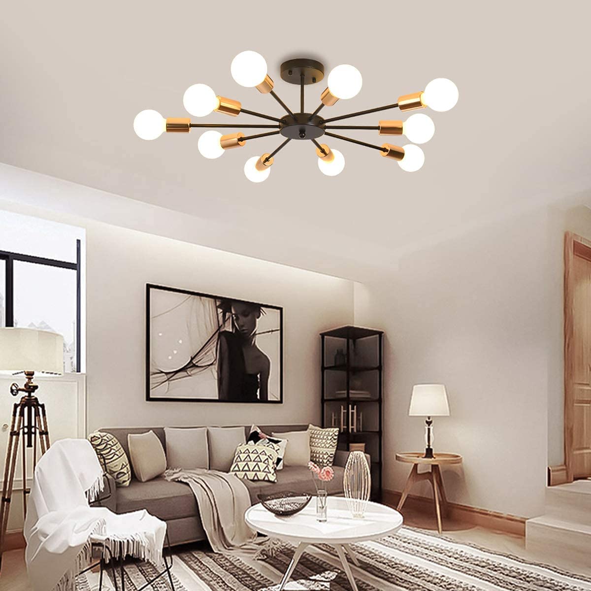JIINOO 10 Lights Modern Chandelier Ceiling Light Gold Industrial Ceiling Lamp Medieval Semi Flush Mount Chandelier Ceiling Light for Kitchen Dining Room Living Room Bedroom Lighting