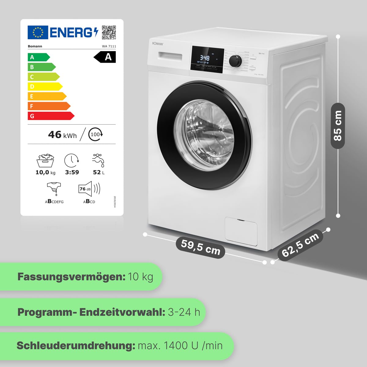 Bomann® Waschmaschine 10kg | max. 1400 U/min | 16 Programme | Bürstenloser DC-Motor: effizient, leise und langlebig | Endzeitvorwahl | Zulaufschlauch-Sicherheitssystem | Washing Machine | WA 7111