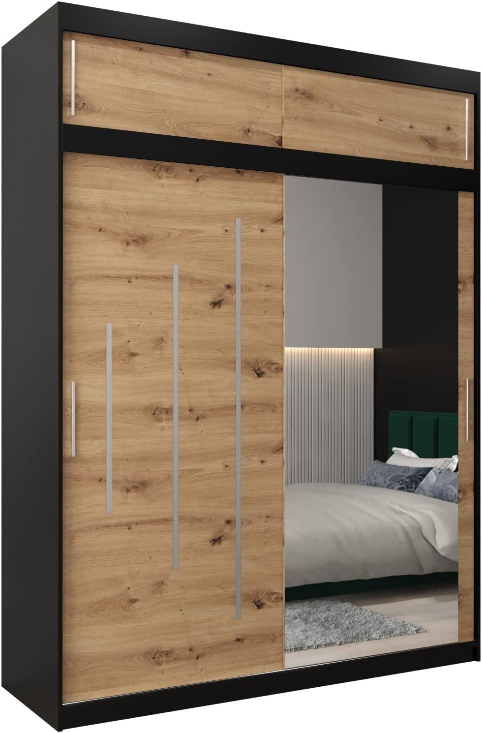 MEBLE KRYSPOL Kleiderschrank mit Spiegel York 2 - Garderobenschrank - Schrank Schlafzimmer - Mehrzweckschrank Zwei Schiebetüren - Regalen - Flur Möbel - Kleiderstange Schrank - Allzweckschrank
