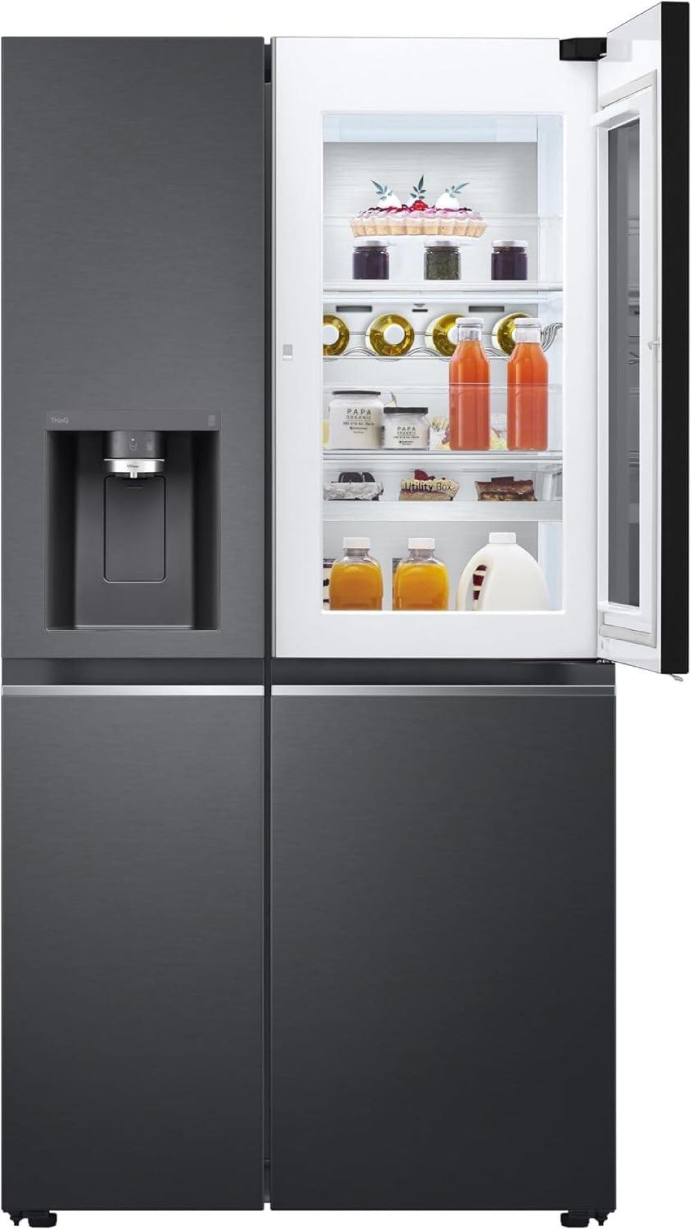 LG GSXE90MBDD Side by Side Kühlschrank mit InstaView Craft Ice | Door in Door | Crushed Ice -und Wasserspender EEK: Klasse D | 628 Liter Kapazität | Festwasseranschluss | Total No Frost