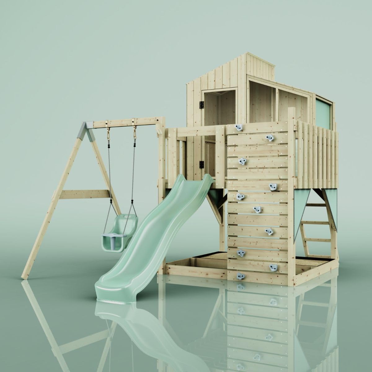 Rebo Spielturm mit Spielhaus inkl. Wellenrutsche und Kinder-Schaukel | Outdoor Klettergerüst Garten | Kletterwand und Kletterleiter | Stabile Konstruktion, Weiches Gefühl in den Seilen