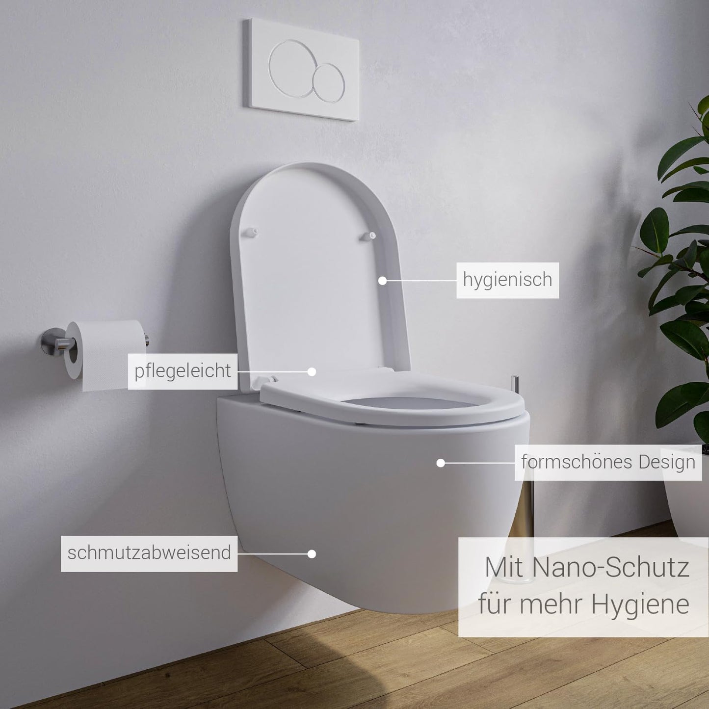 NT2038 Rimless Wall-Mounted Toilet White Shortened Version Ideal for Guest Toilets with SoftClose Lid (Soft-Close Mechanism), Toilet Made of Sanitary Ceramic with Removable Toilet Seat, Washdown