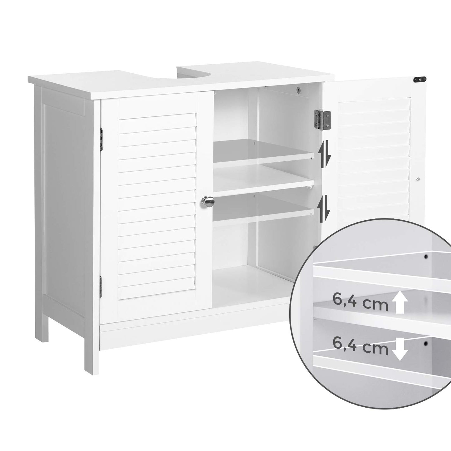 Vasagle BBC05WT Scandinavian Style Bathroom Cabinet, Storage Cabinet 60 x 30 x 60 cm with 2 Slat Doors, Adjustable Shelf with Handles - Matt White