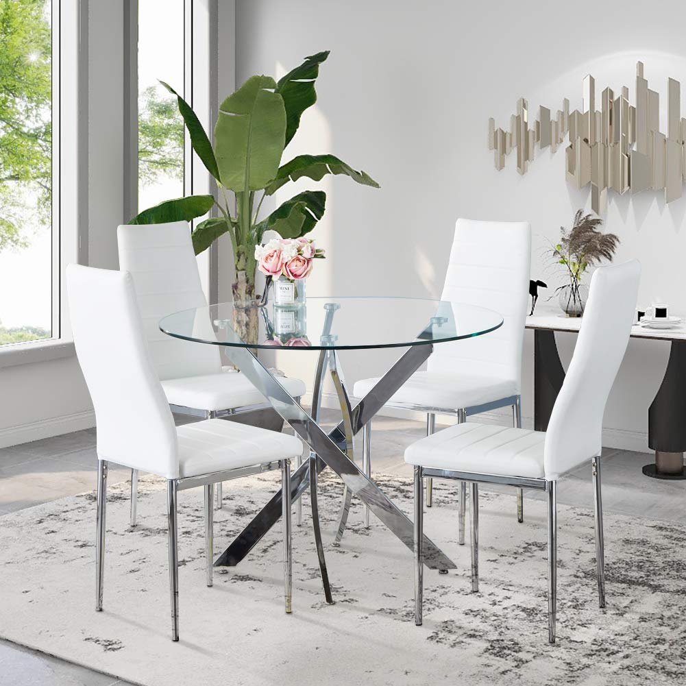 GOLDFAN Dining Table with 4 Chairs Dining Table Round Glass Kitchen Table Dining Room Chair Velvet 80 cm Green