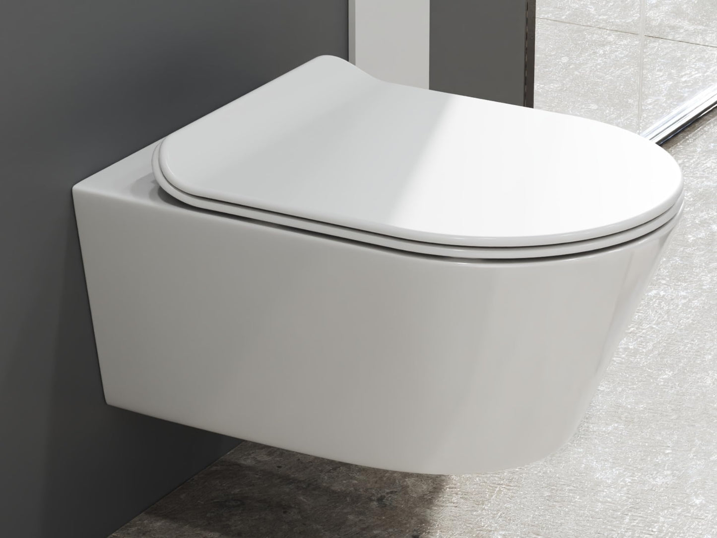 SSWW | Spülrandlose Toilette mit Softclose Toilettendeckel, Hänge-WC aus Keramik, Wand-WC, Tiefspüler | 54 cm lang