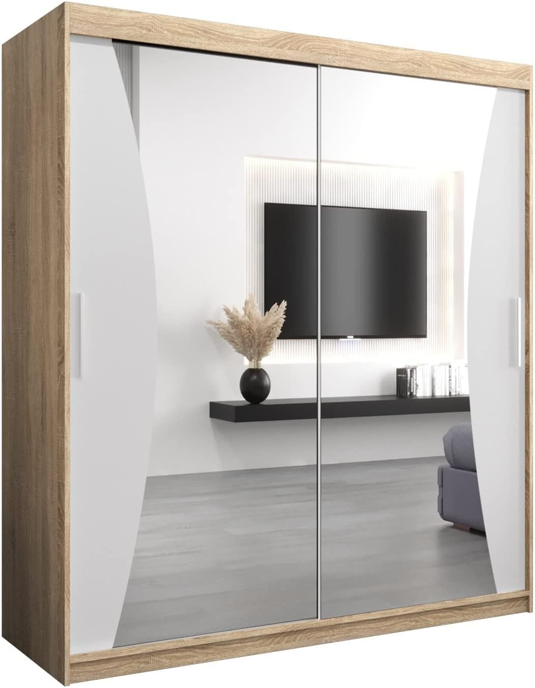 MEBLE KRYSPOL Kleiderschrank mit Spiegel Monaco - Garderobenschrank - Schrank Schlafzimmer - Mehrzweckschrank DREI Schiebetüren - Regalen - Flur Möbel - Kleiderstange Schrank - Allzweckschrank