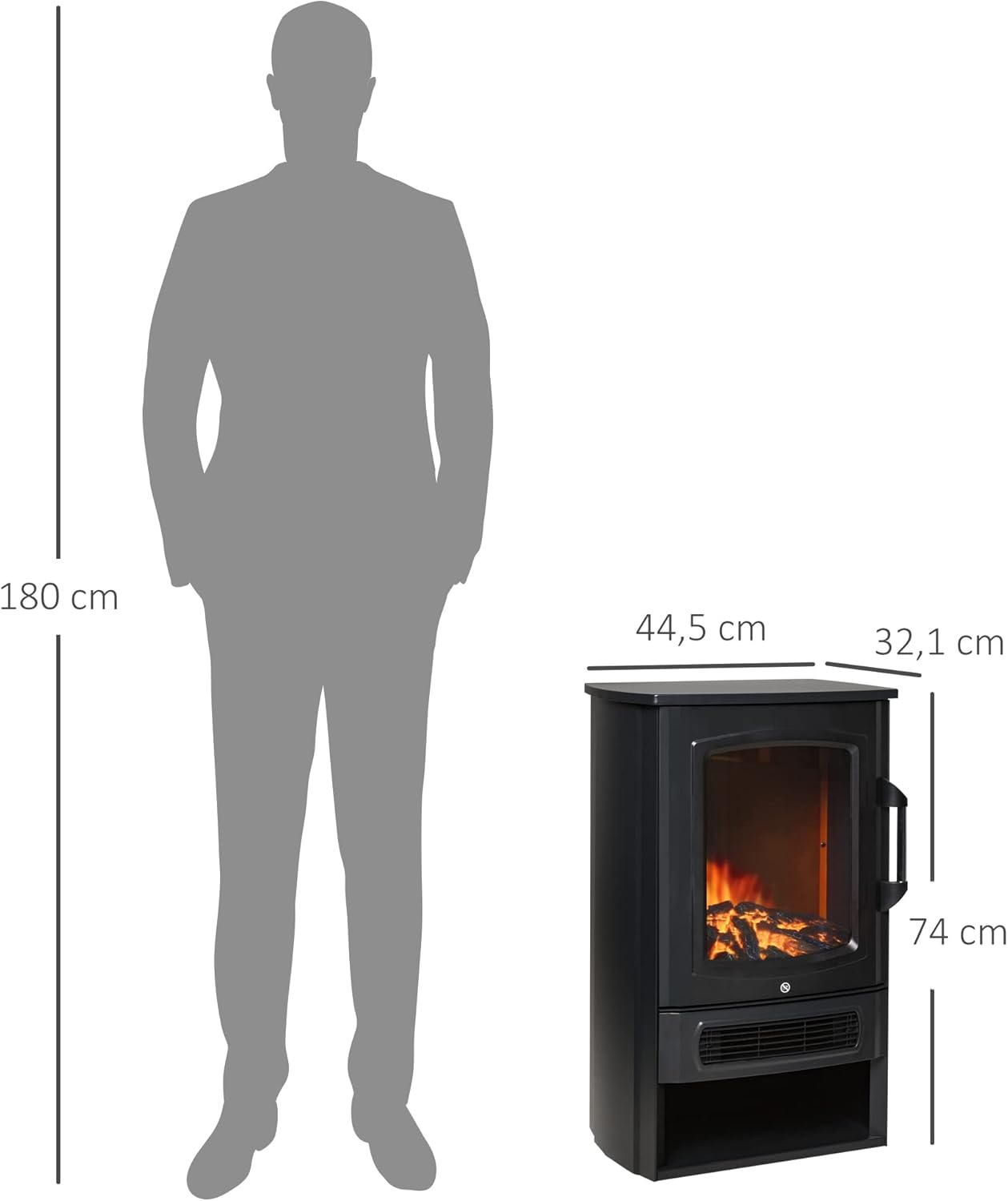 HOMCOM Elektrokamin E-Kamin mit Flammeneffekt Thermostat Kaminofen 1000 W/2000 W, 20–25 qm, Schwarz 44,5x32,1x74 cm