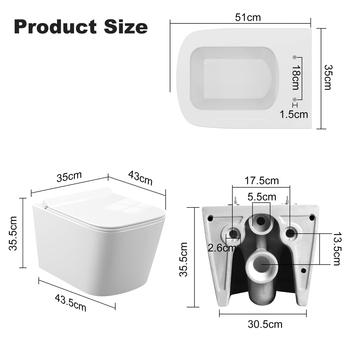 Hängend WC Spülrandlos Toilette, Wand-WC Set aus Keramik mit Toilettendeckel Abnehmbaren Absenkautomatik Effizienter Spültechnik Hängetoilette, D-Form,Lang 51cm, Weiß