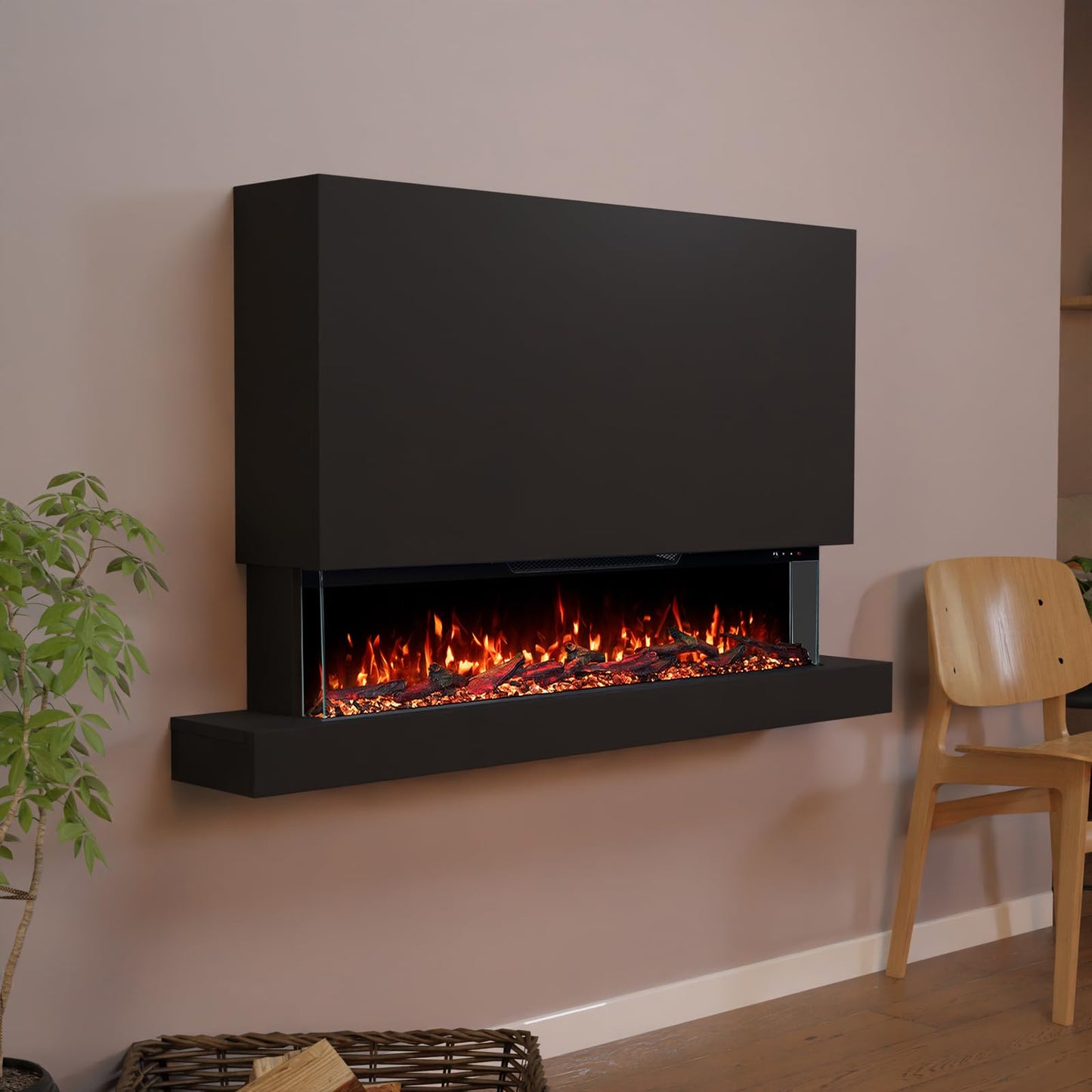 GLOW FIRE Clear Wall XL Electric Fireplace with Realistic 3D LED Fire - Standing Electric Fireplace with Heater and Fireplace, App Control, Crinkle Effect & Timer, Max. 1800 W, 137 x 85 x 21 cm, Black