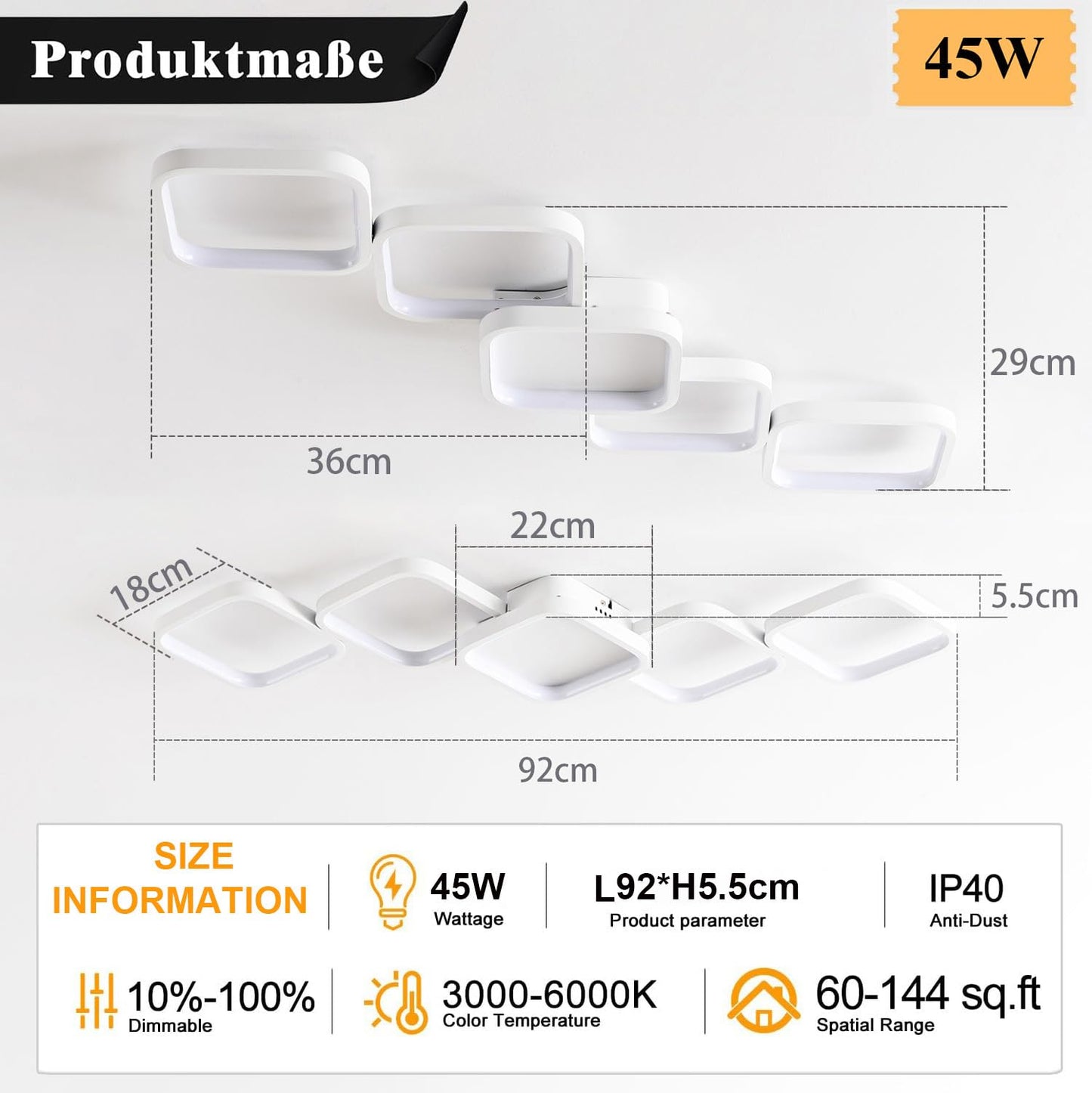 LED Deckenleuchte Dimmbar Wohnzimmer Deckenlampe mit Fernbedienung, Weiß Deckenbeleuchtung mit Memory Funktion 45W Schlafzimmerlampe 92x31cm Modern Rechteckige Design Küchenlampe für Kinderzimmer Flur