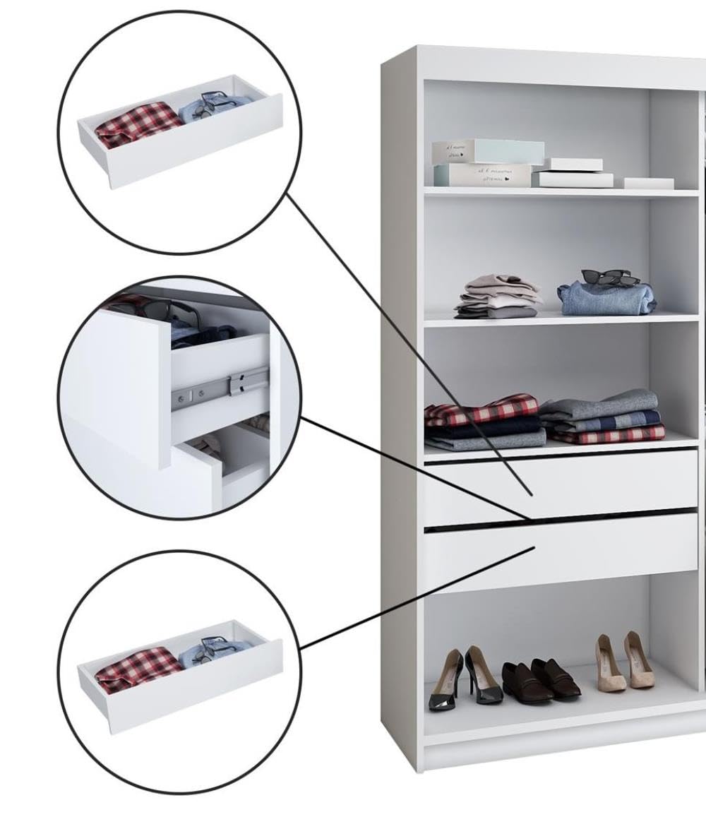 A&J MöbelLand Oravelle Sliding Door Wardrobe 3 Doors with Drawers and Mirror 200 cm (Black)