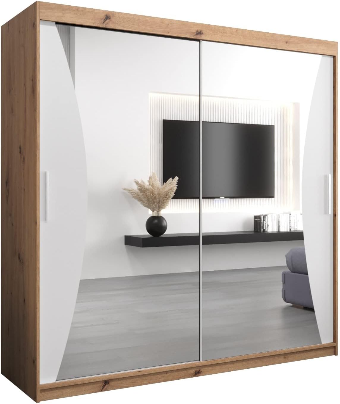 MEBLE KRYSPOL Kleiderschrank mit Spiegel Monaco - Garderobenschrank - Schrank Schlafzimmer - Mehrzweckschrank DREI Schiebetüren - Regalen - Flur Möbel - Kleiderstange Schrank - Allzweckschrank