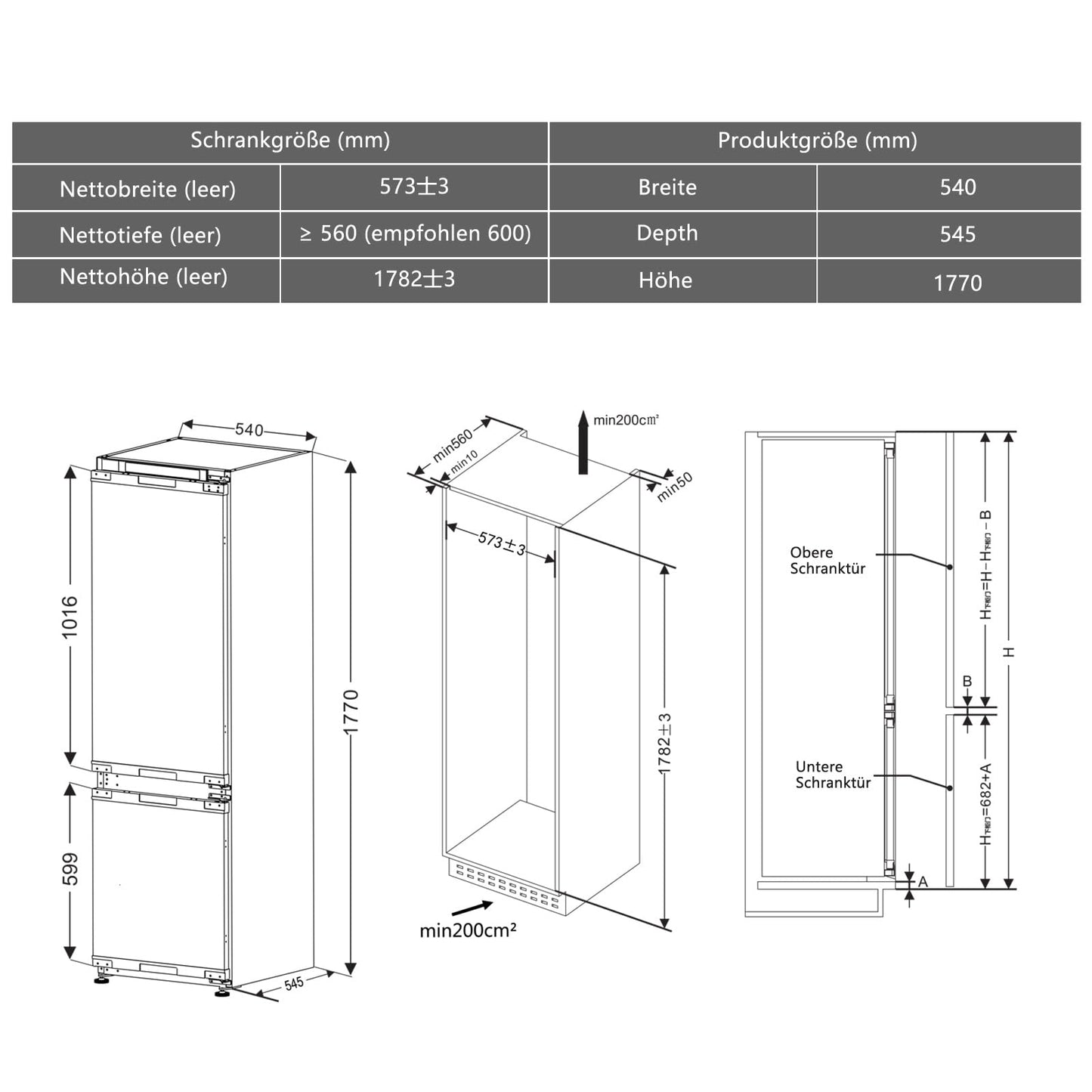 magictec Einbaukühlschrank mit Gefrierfach | 177 cm | 248L (186L/62L) | No Frost | Kühl-Gefrierkombination mit austauschbaren Türscharnieren | Inverterkompressor | Schnellkühlung | Geräuscharm