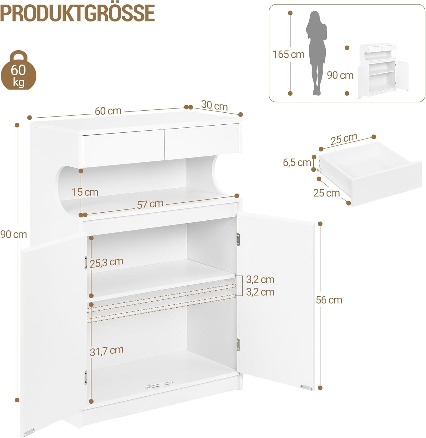 Hzuaneri SC63903X Bathroom Cabinet Storage Cabinet with 2 Drawers and 2 Doors Kitchen Cabinet Chest of Drawers Adjustable Shelf for Bathroom Drawing Room 30 × 60 × 90 cm White