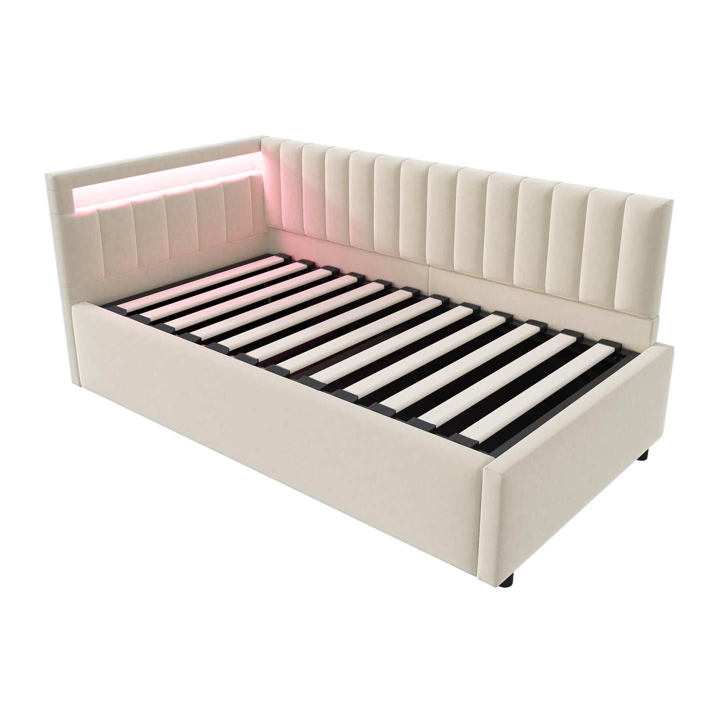 KEYIDE Upholstered Sofa Bed, 140 x 200 cm with LED Lighting and USB Charging, Bed Frame with Wooden Slatted Frame, Day Bed, Guest Bed, Youth Bed, Velvet Fabric, Without Mattress (Grey, 140 x 200)