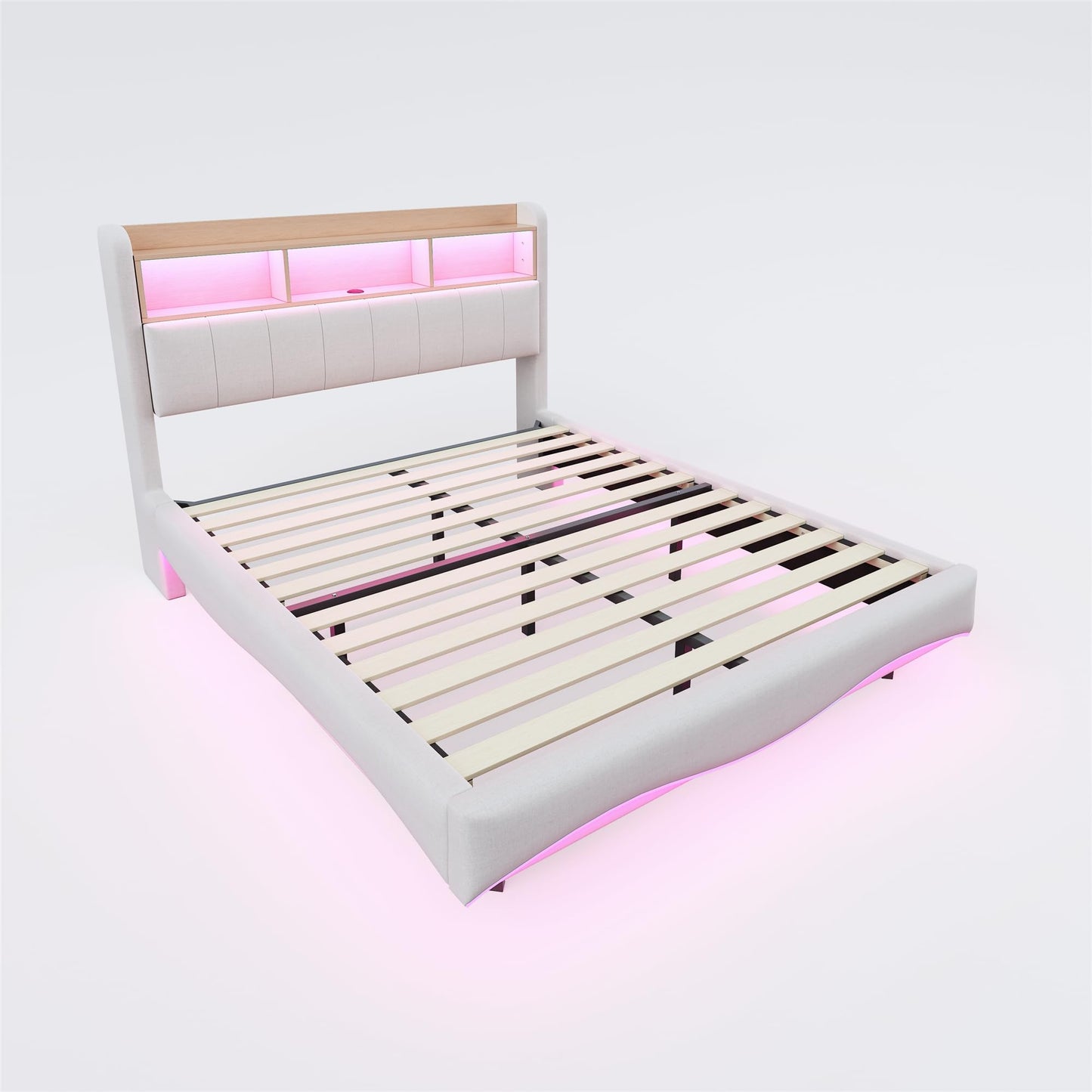 LAKFEW Polsterbett 140X200 cm, Doppelbett Stauraumbett mit LED-Beleuchtung, Erwachsenenbett mit USB/Typ-C, Bettgestell Bett mit Lattenrost, Ohne Matratze, Grau, Leinen