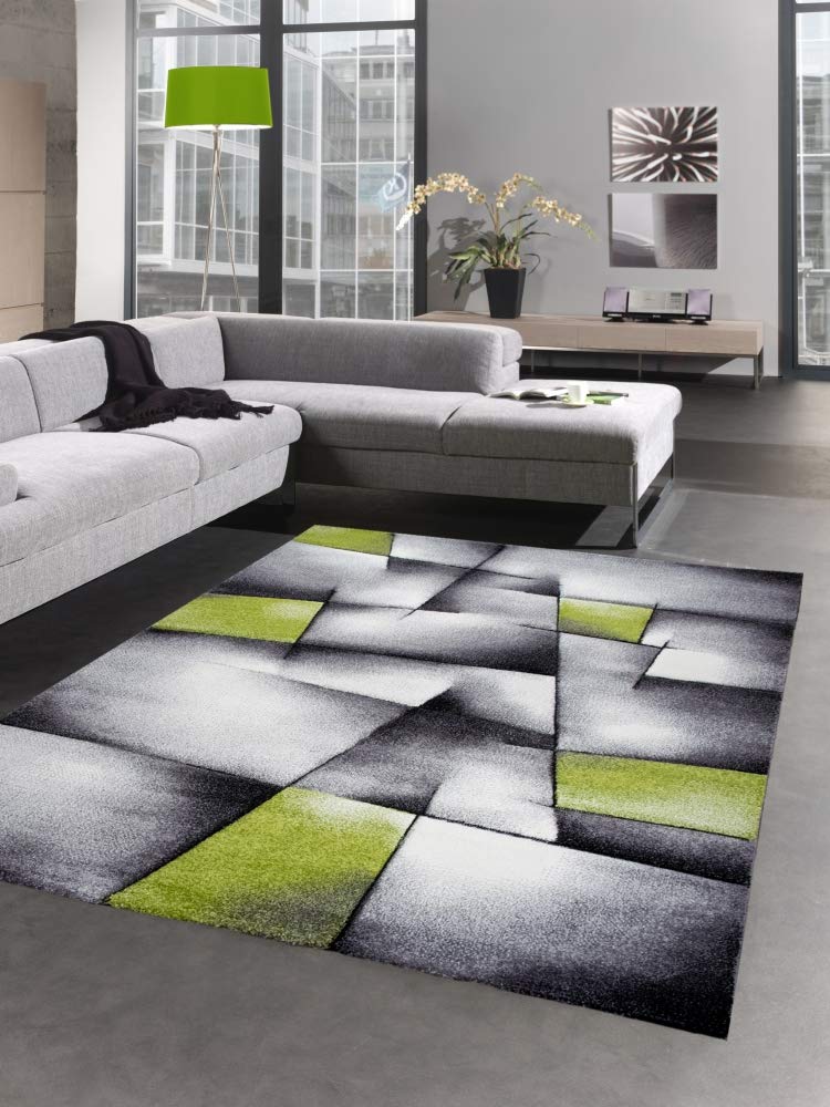 CARPETIA Modern Short Pile Living Room Rug Contour Cut Checked Abstract Grey Black White Turquoise Size 60 x 110 cm