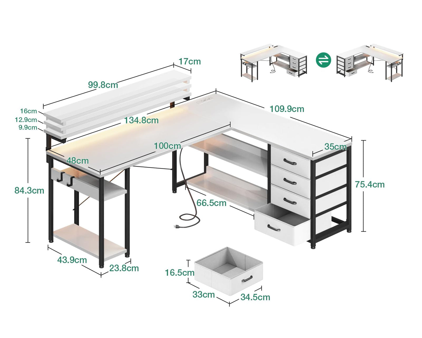 ODK Schreibtisch mit Schubladen, Reversible Eckschreibtisch mit 2 Steckdosen und 2 USB Ladeanschluss, Bürotisch L Form mit LED für Home Office 135×110cm (Graueiche)