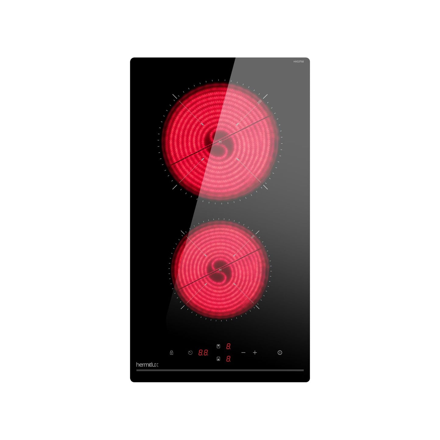 Hermitlux kochfeld 28,8cm, Glaskeramik Kochfeld 2 Platten, 9 Leistungsstufen, Touch-Steuerung, Timer, Kindersicherung, Geeignet für Alle Töpfe, 3300W