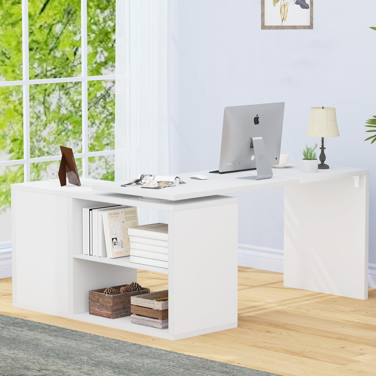 HSH Schreibtisch L Form Weiß, Wendbarer Computertisch mit Stauraum für für Büro und Arbeitszimmer, PC & Studium, Homeoffice, Eckschreibtisch mit Aufbewahrungsschrank & Ablagen, 140cm