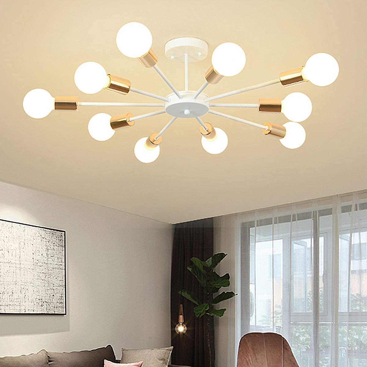 JIINOO 10 Lights Modern Chandelier Ceiling Light Gold Industrial Ceiling Lamp Medieval Semi Flush Mount Chandelier Ceiling Light for Kitchen Dining Room Living Room Bedroom Lighting