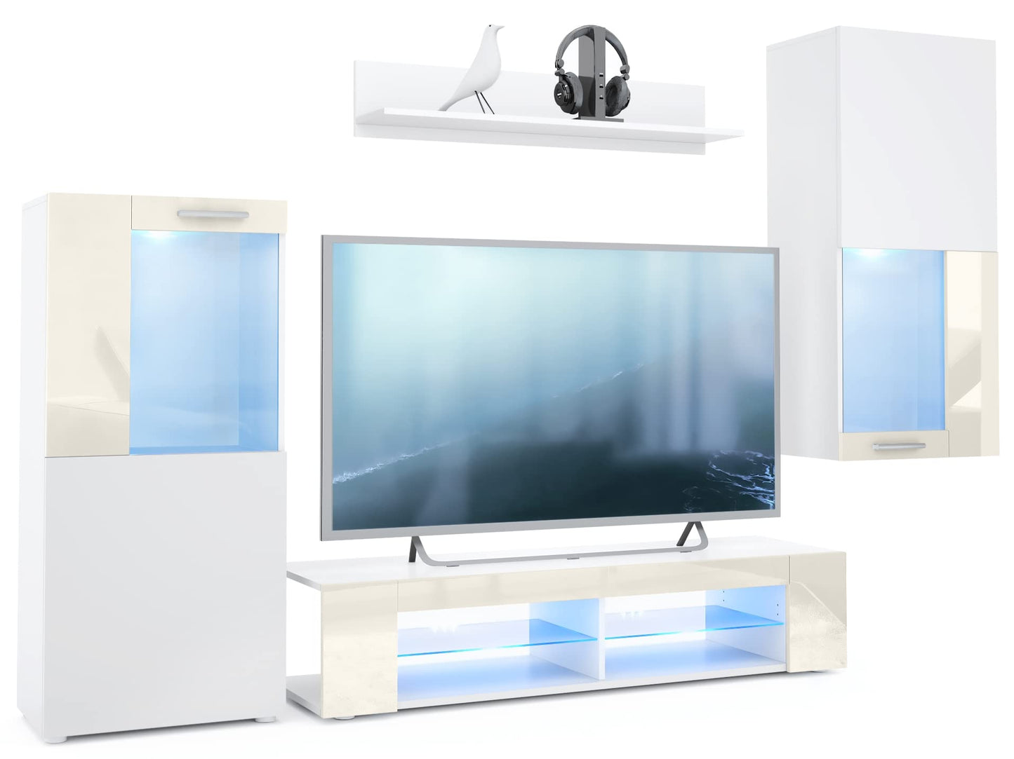 Vladon Wohnwand Movie, Anbauwand bestehend aus 1 TV-Board, 2 Vitrinen und 1 Regal, Weiß matt/Weiß matt/Weiß Hochglanz (Gesamt: 300 x 190 x 39 cm)