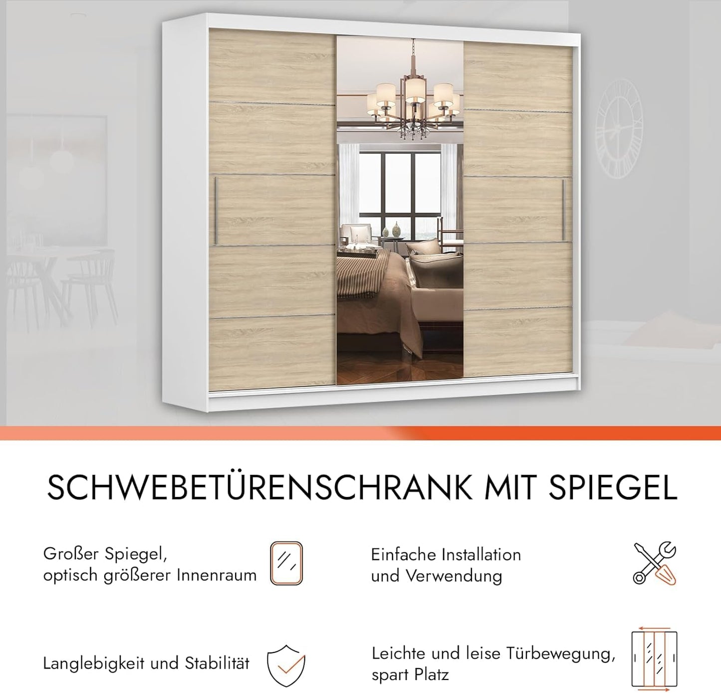 Fabryka Mebli Idźczak Kleiderschrank mit Spiegel, Schiebetüren - Weißer Schwebetürenschrank, Schlafzimmerschrank - 61 x 250 x 218 cm - Schrank für Schlafzimmer, Wohnzimmer, Garderobe