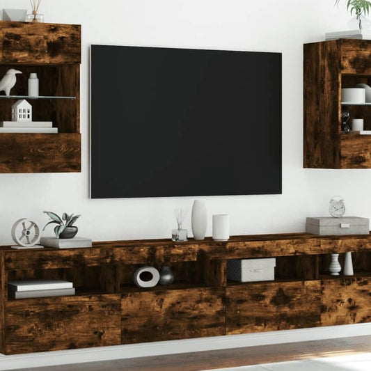 Homgoday TV Wall Cabinets with LED Lights, Pack of 2, Cabinet Wall TV Cabinet with Lots of Storage Space, Wall Mounted TV Furniture for Living Room, Bedroom, Grey, Sonoma