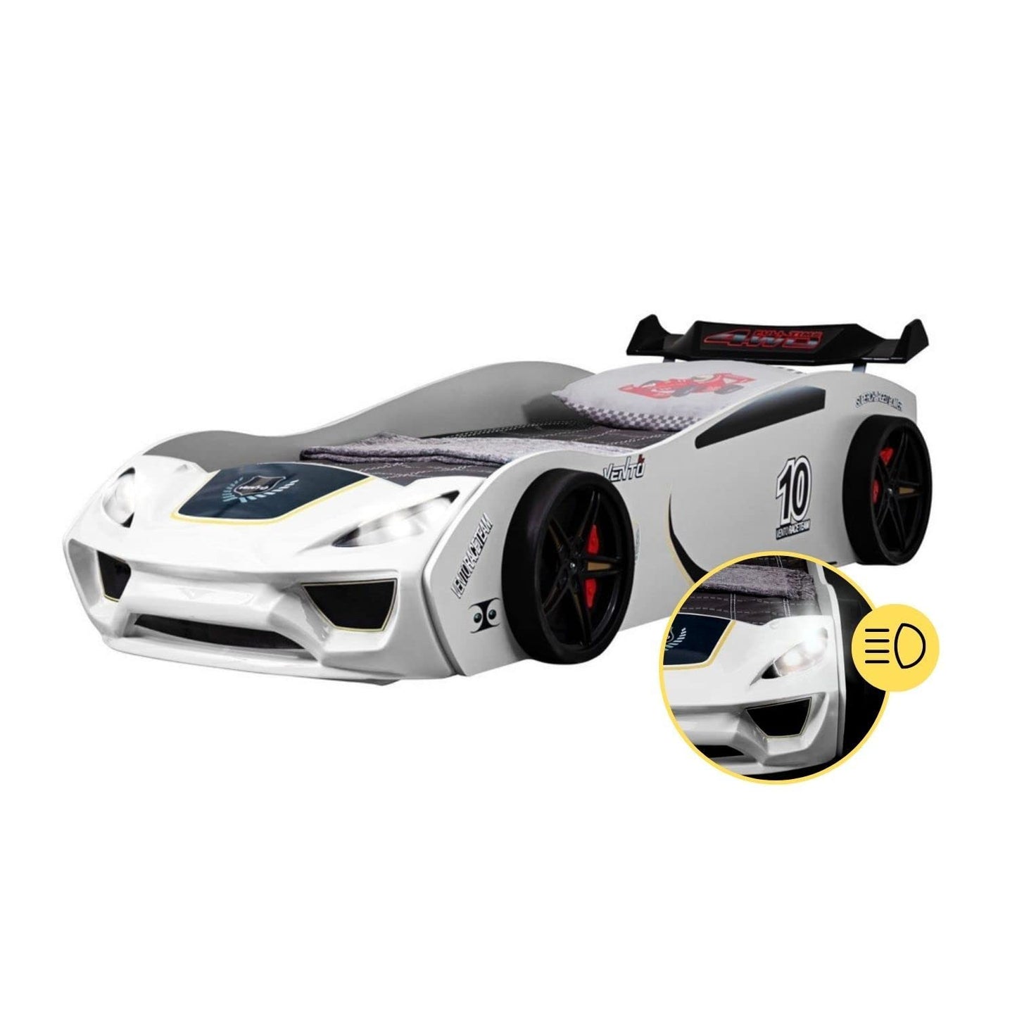 Coemo Dream Racer Children's Car Bed 90 x 200 cm in Racing Car Design with LED Lighting and Slatted Frame for Boys and Girls - Beds Colour White - Racing Bed