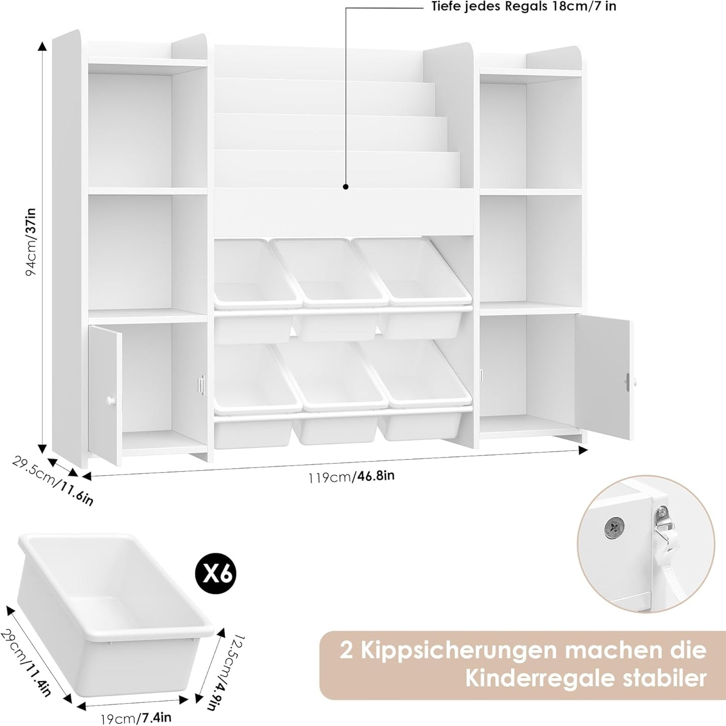 FOREHILL Children's Shelf with Children's Bookcase, Children's Room Furniture Made of Wood, Bookcase for Children with Storage Box, Children's Cabinet with Toy Box, Children's Shelf with 6 Boxes, 119