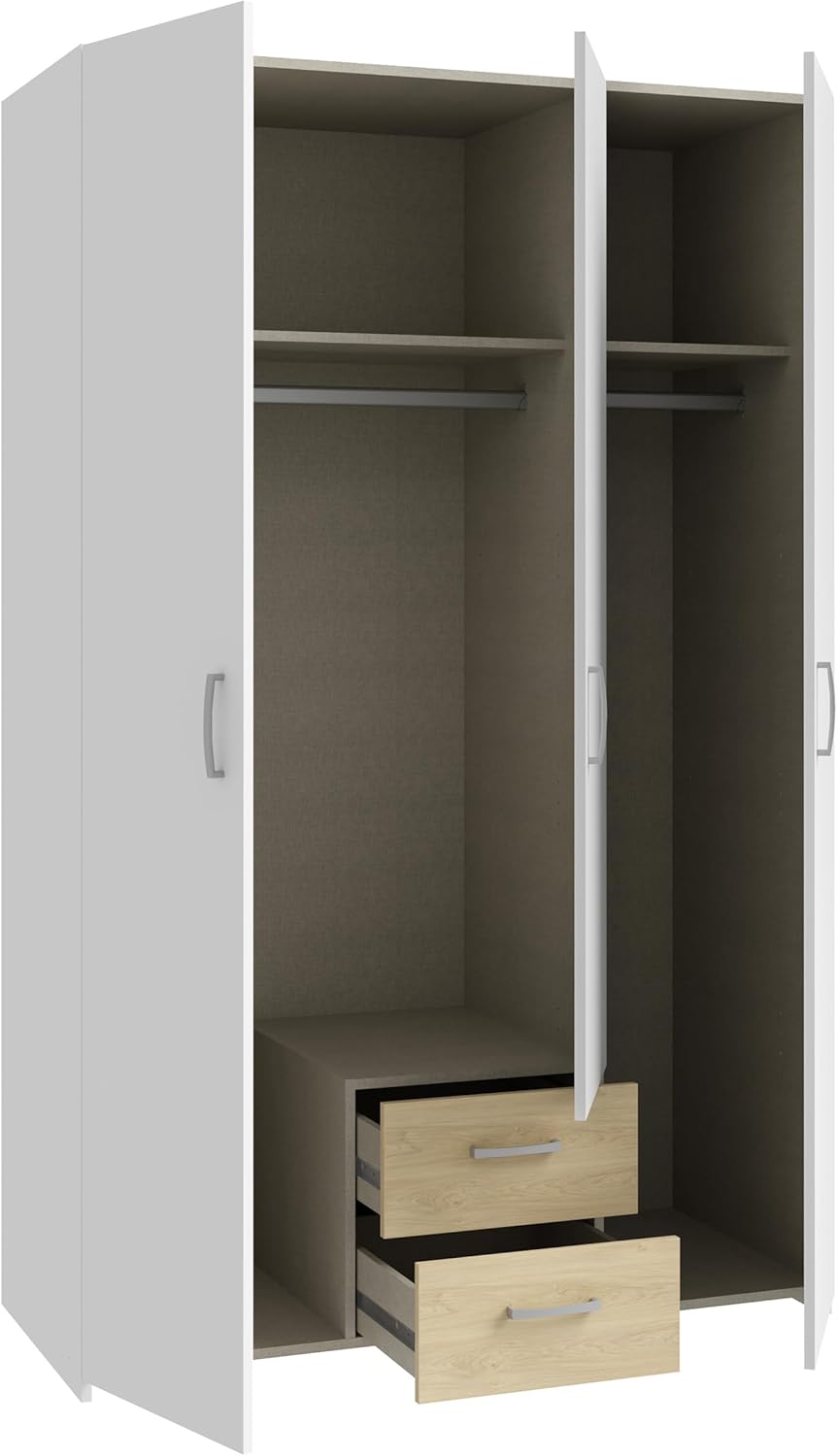 FORTE ECONOBOX Kleiderschrank 120, 3-türiger Drehtürenschrank mit 2 Schubladen und Einlegeböden, Holzwerkstoff, Weiß/Puccini Eiche, 119,4 cm breit, 190,5 cm hoch, 54,4 cm tief