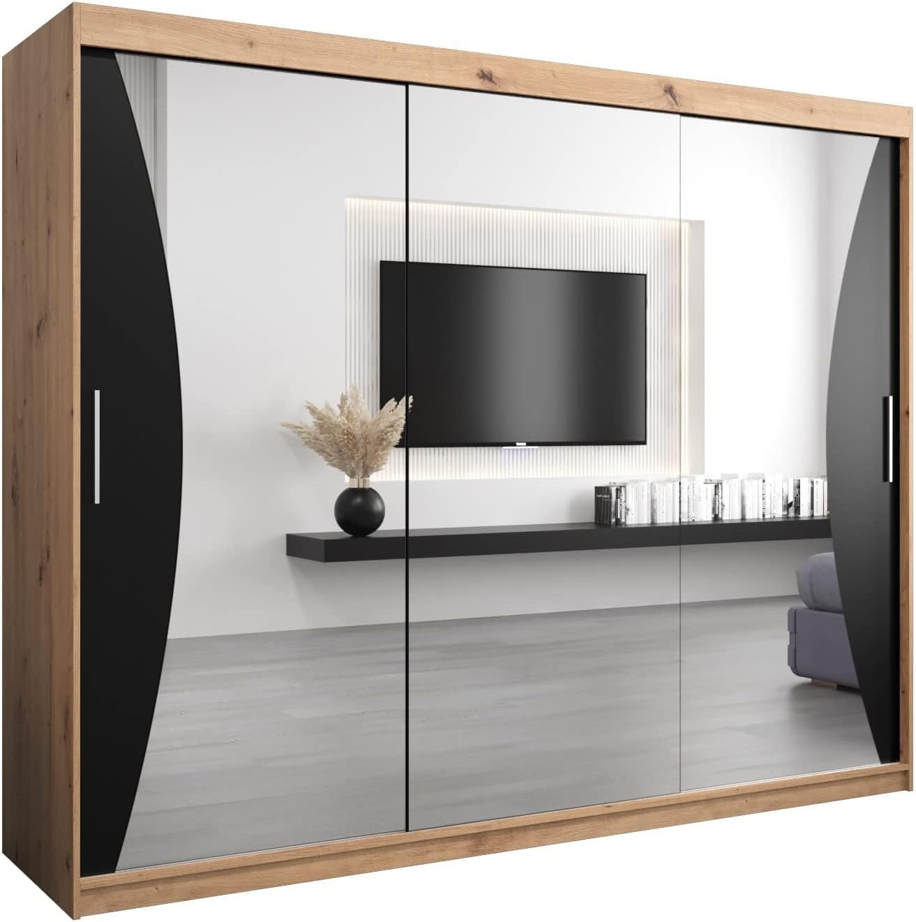 MEBLE KRYSPOL Kleiderschrank mit Spiegel Monaco - Garderobenschrank - Schrank Schlafzimmer - Mehrzweckschrank DREI Schiebetüren - Regalen - Flur Möbel - Kleiderstange Schrank - Allzweckschrank