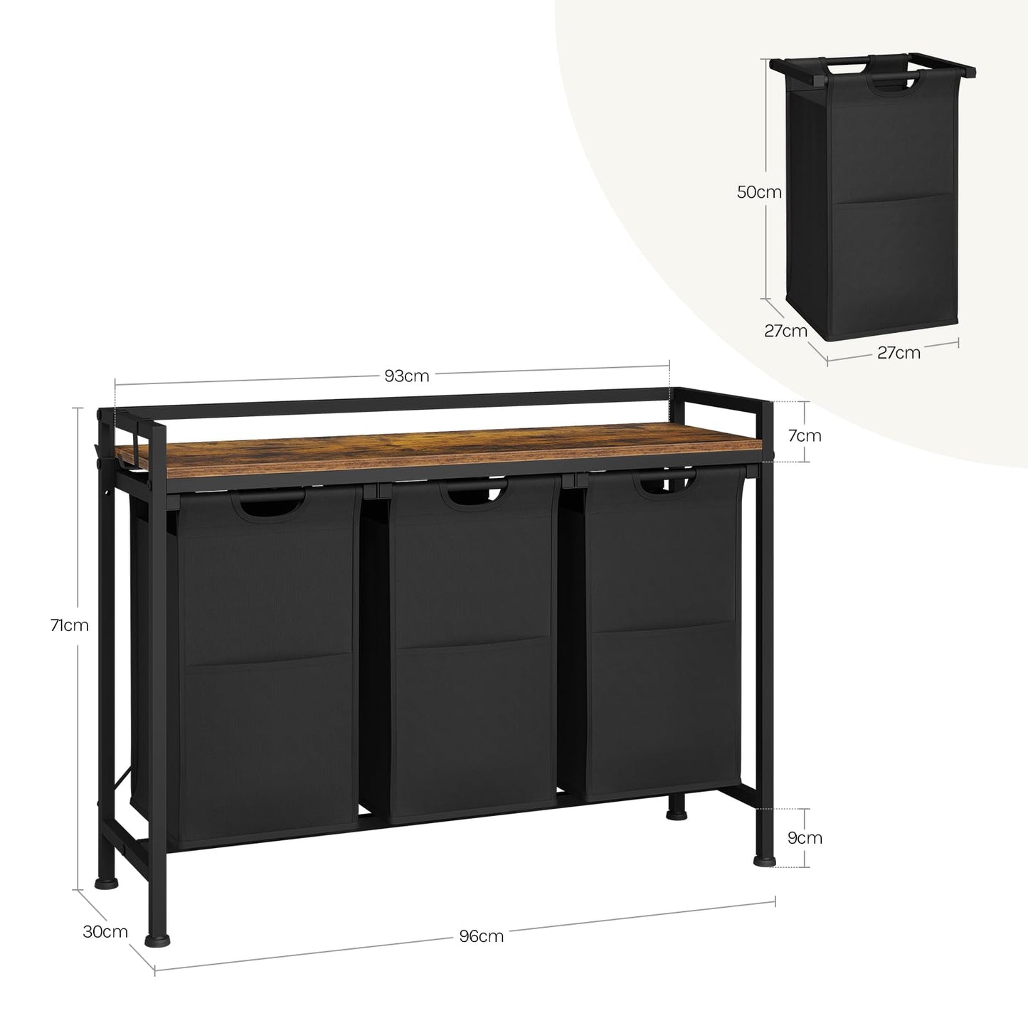 WOLTU Laundry Basket, 3 Compartments, Each 40 L, Laundry Hamper with Shelf Metal Frame, Oxford Fabric Laundry Bag, Extendable, Removable, Laundry Sorter, Laundry Container, White