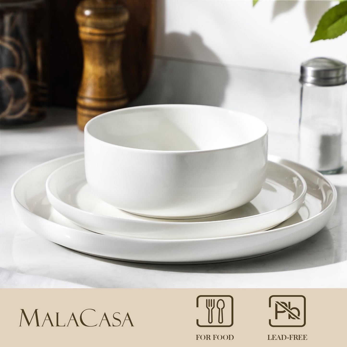 MALACASA Geschirrset 6 Personen, LUNA 24-tlg Tafelservice aus Weißem Porzellan, Modernes Geschirr Set mit je 6 Speiseteller, Dessertteller, Suppenteller und Müslischalen