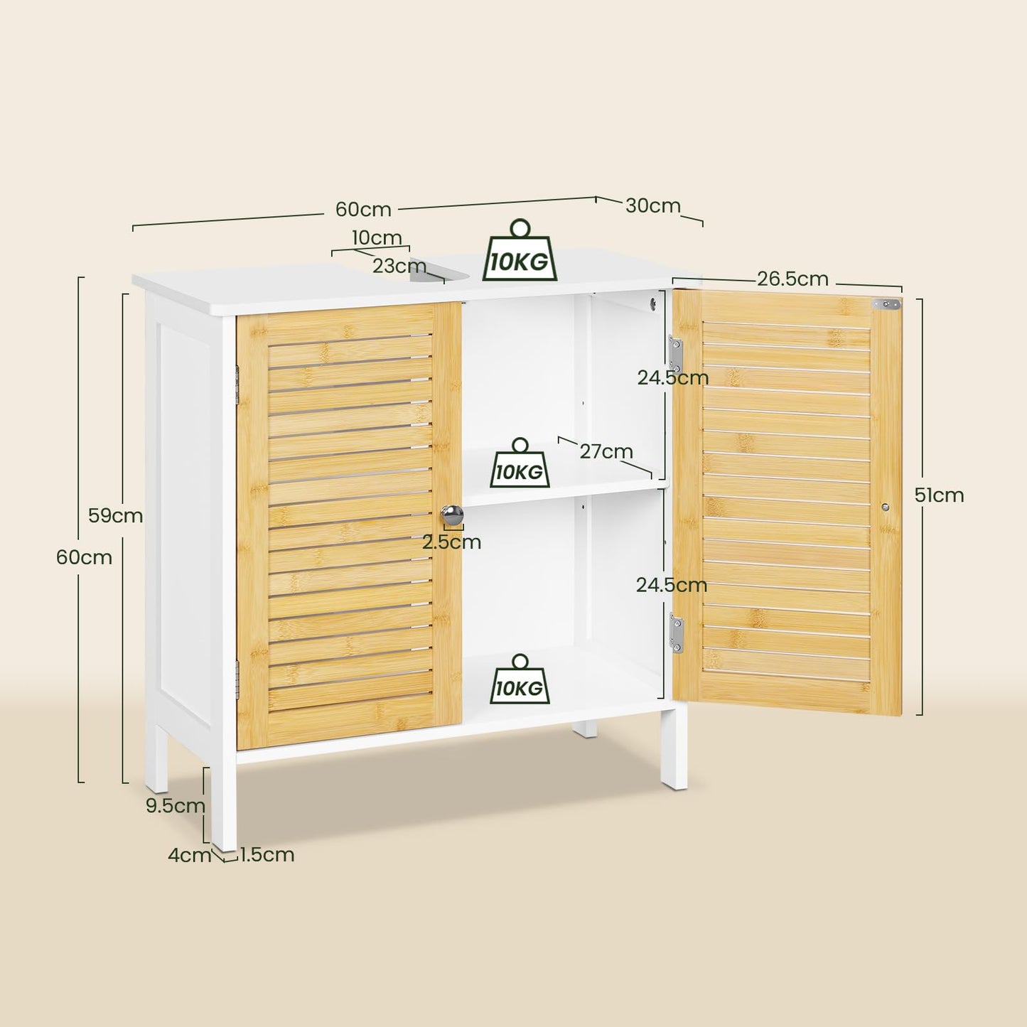 EUGAD Under Basin Vanity Unit Bathroom Cupboard with 2 Doors 60 x 30 x 60 cm, Bamboo