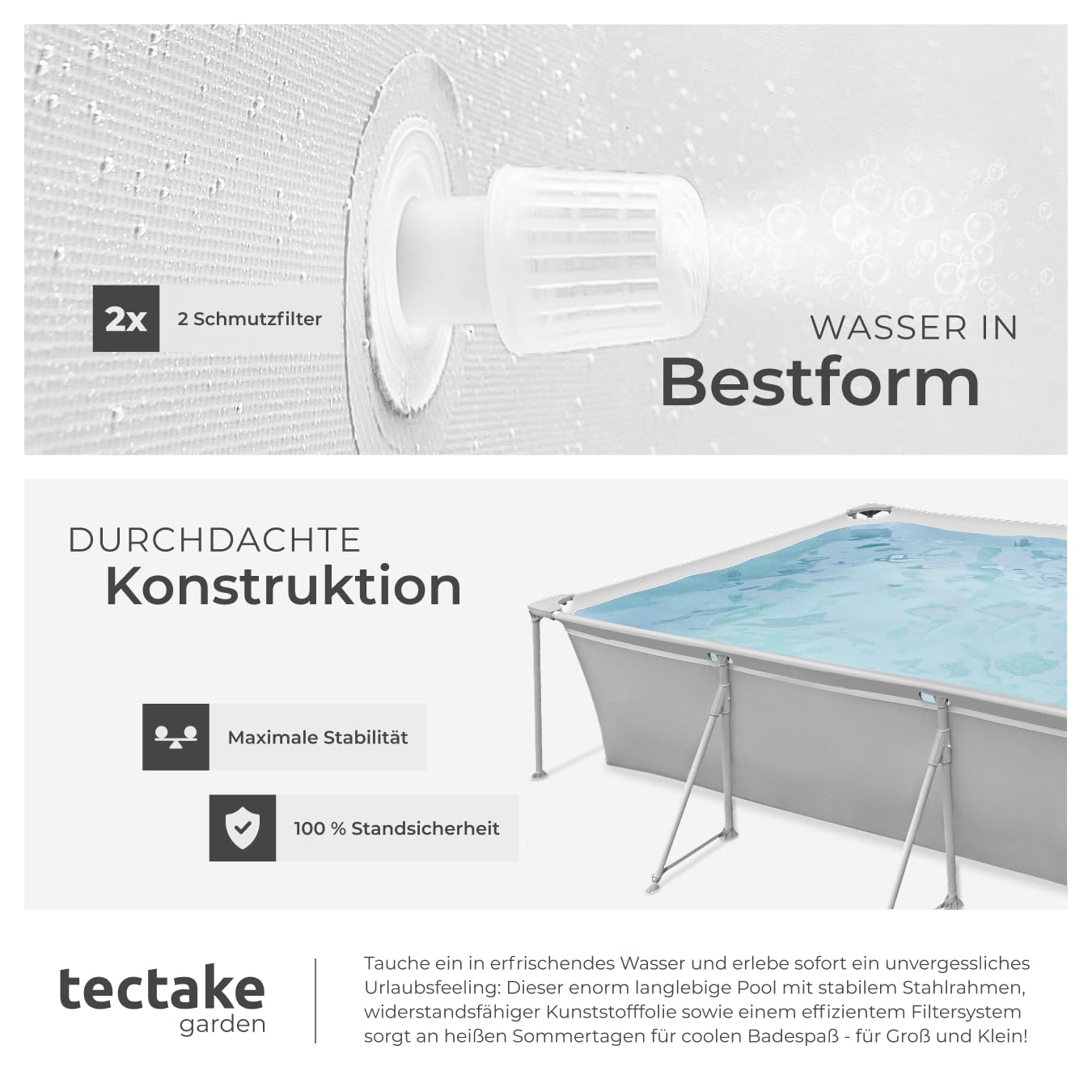 tectake® Swimming Pool, Large Swimming Pool, Rectangular, Frame Pool, Pool for Garden, Steel Frame Pool, Complete Set, Outdoor Garden Pool, Above Ground Pool, 300 x 207 x 70 cm, Grey