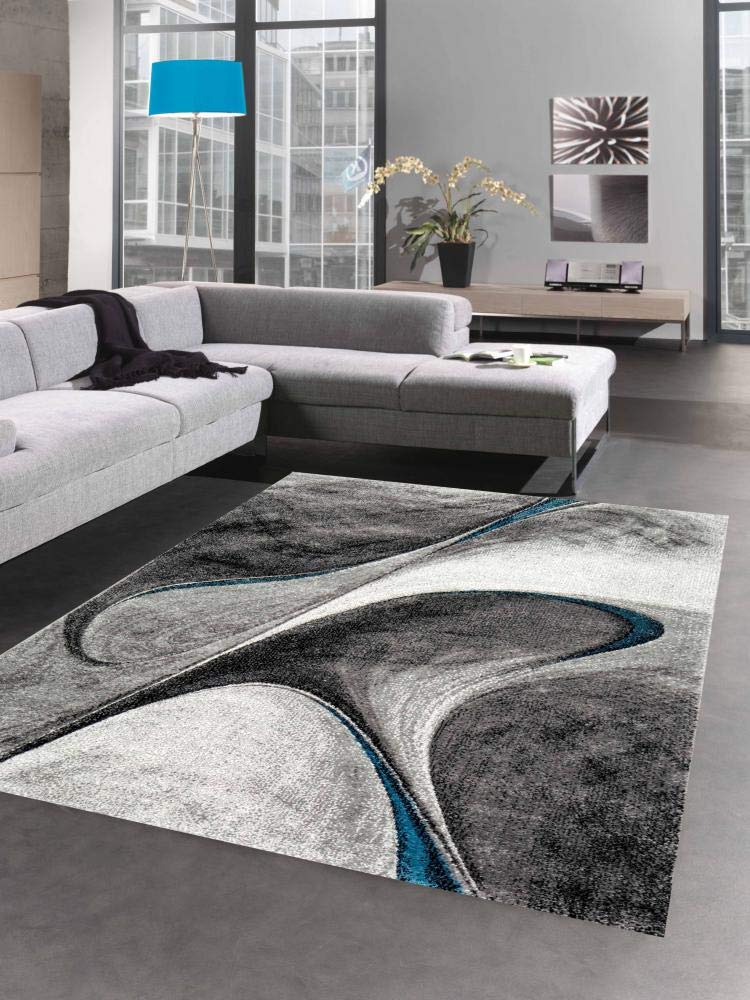 CARPETIA Modern Short Pile Living Room Rug Contour Cut Checked Abstract Grey Black White Turquoise Size 60 x 110 cm