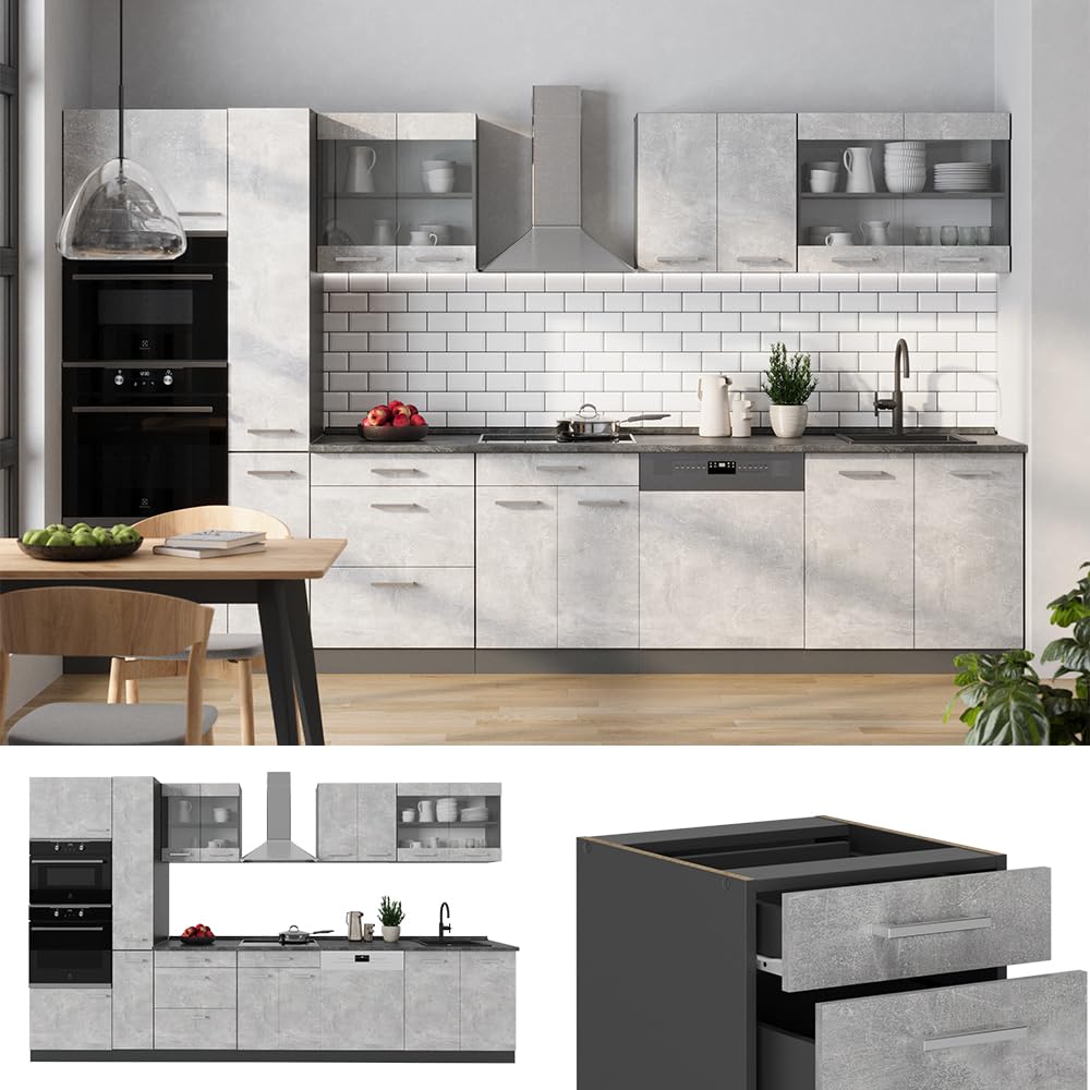 Vicco R-Line Fitted Kitchen Cabinets Anthracite Kitchen Furniture (Anthracite / White High Gloss, MUS 350 cm)