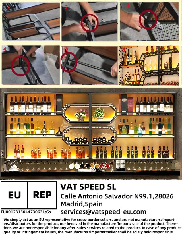 FKKPRVAX Wandmontiertes Weinregal mit LED Glashalter, 4 stöckiges Metall Wandmontage Wine Display Ständer, Wand Flaschenregal für Bar-Einheiten, Restaurants und Zuhause (240×125×25cm)