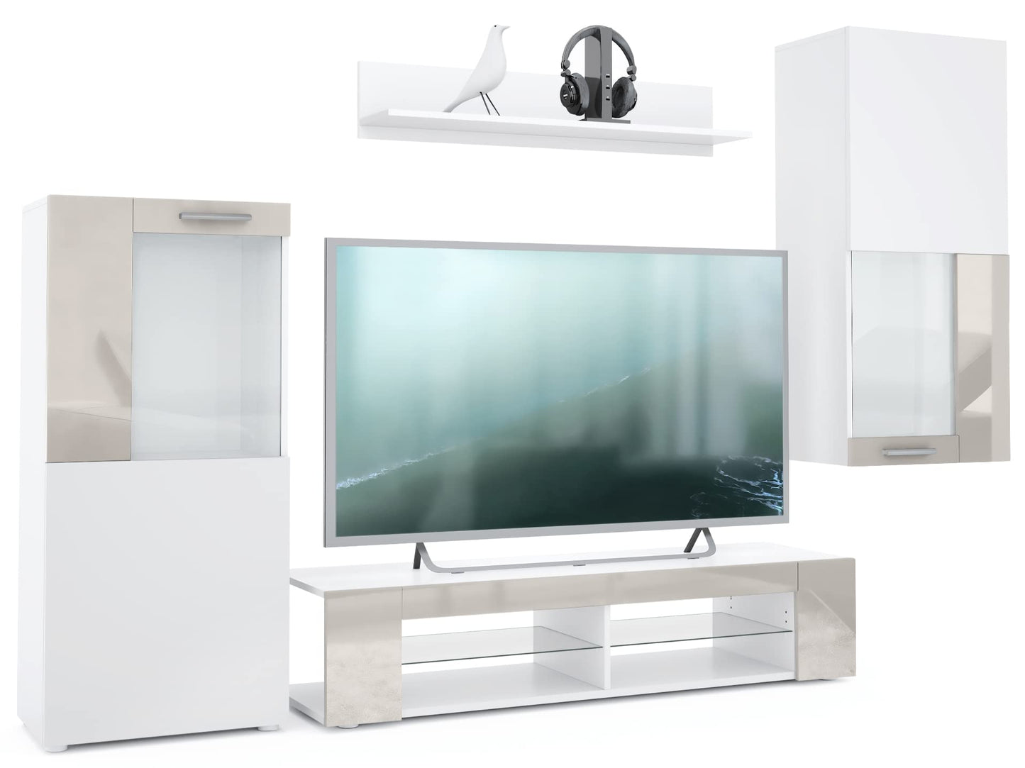 Vladon Wohnwand Movie, Anbauwand bestehend aus 1 TV-Board, 2 Vitrinen und 1 Regal, Weiß matt/Weiß matt/Weiß Hochglanz (Gesamt: 300 x 190 x 39 cm)