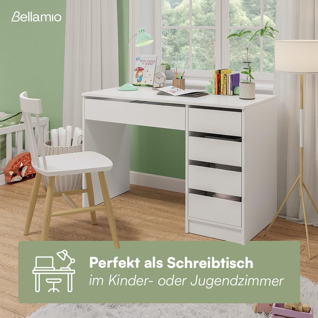 Bellamio Nore Schreibtisch in Schwarz mit 5 Schubladen - Jugendschreibtisch 75x53x110 cm - Schminktisch & Schreibtisch Kombi - Computertisch mit Schubladen beidseitig montierbar – Bürotisch