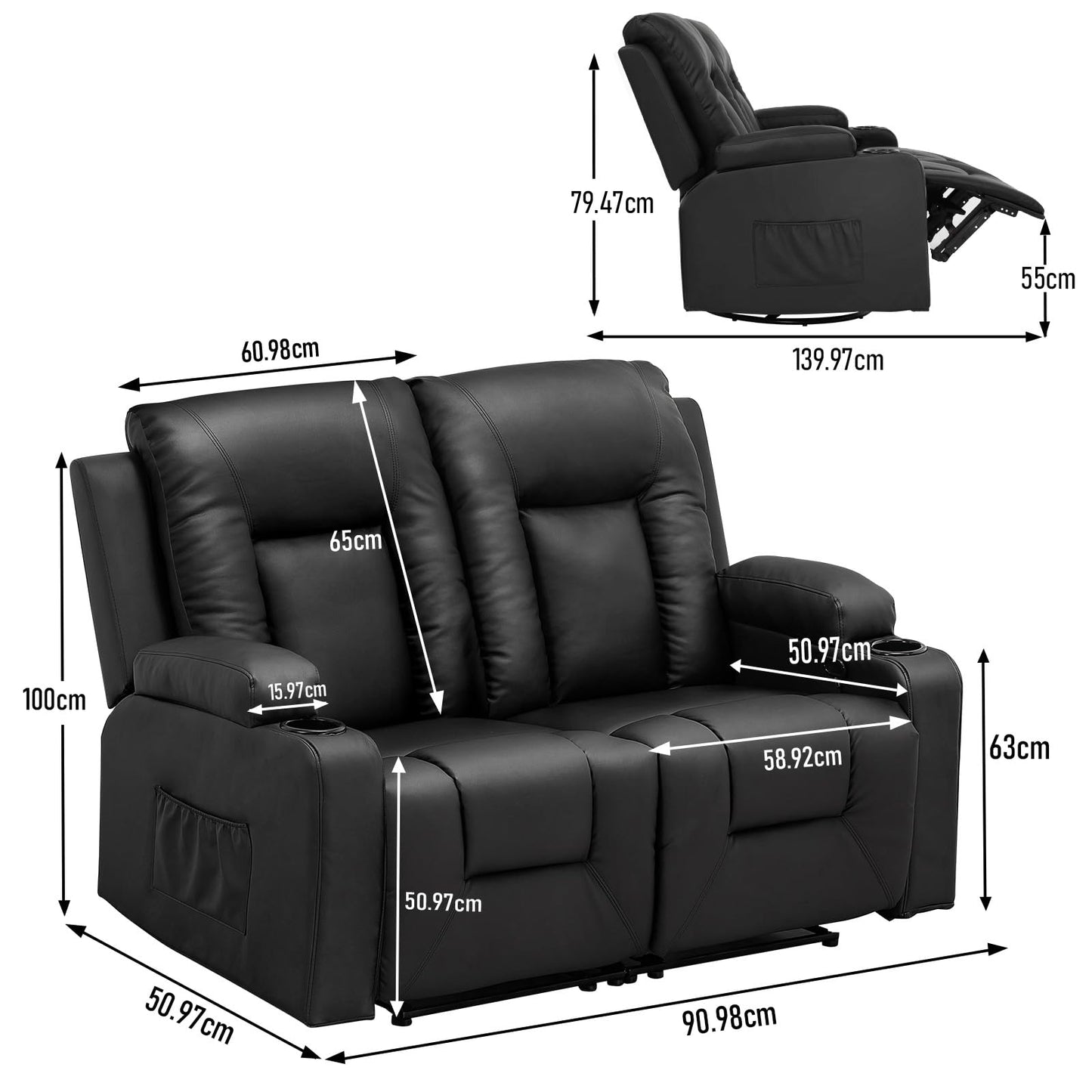 COMHOMA Relaxsessel-Set, Sofa, Sofa-Set aus Kunstleder, Fernsehsessel Ruhesessel Liegesessel mit Liege-Funktion Polstersessel Schlafsessel für Wohnzimmer Schlafzimmer Heimkino,Schwarz, 3+2+1