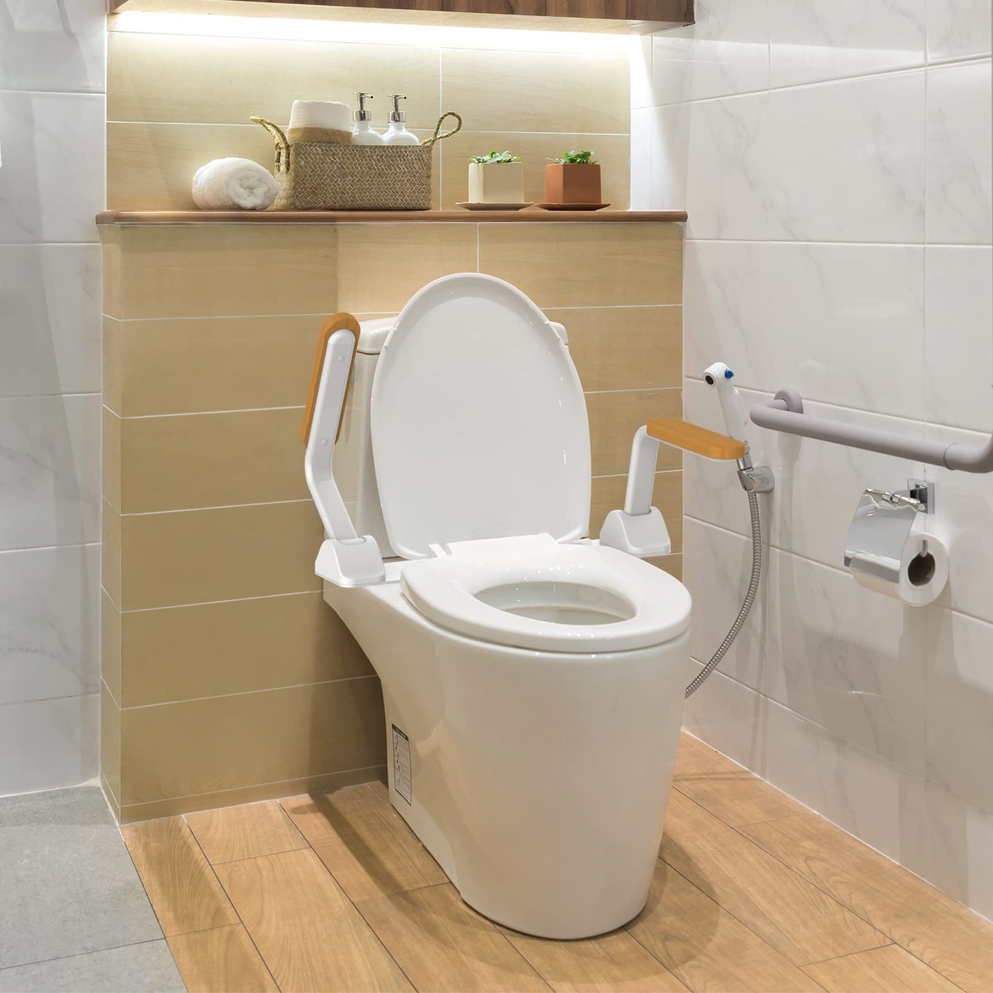 Heuffe Mobile WC Aufstehhilfe & Aufstehhilfe Toilette Klappbar,Ohne Bohren Toilettengriff mit Armlehnen und Haltegriff - Für Senioren/Behinderte, Toilettenstützgestell für Unterwegs(Holz)