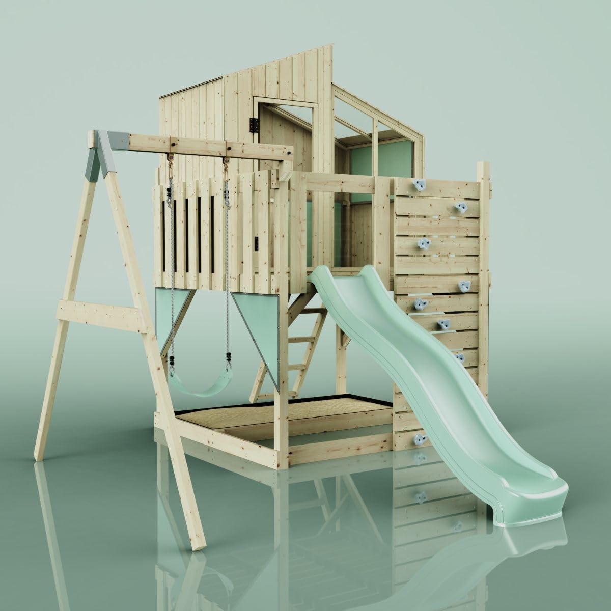 Rebo Spielturm mit Spielhaus inkl. Wellenrutsche und Kinder-Schaukel | Outdoor Klettergerüst Garten | Kletterwand und Kletterleiter | Stabile Konstruktion, Weiches Gefühl in den Seilen
