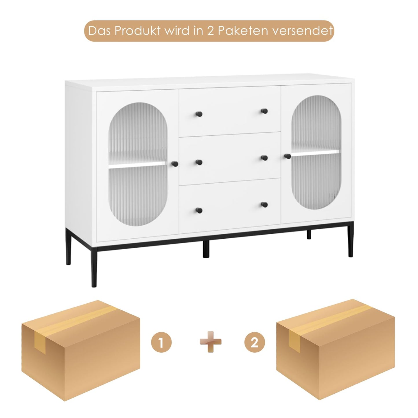 FirFurd Sideboard 120 cm Wide Kitchen Cabinet with Worktop Buffet Cabinet with 2 Glass Doors 3 Drawers Kitchen Buffet with Adjustable Shelf for Kitchen Dining Room Living Room 120 x 38 x 80 cm Black