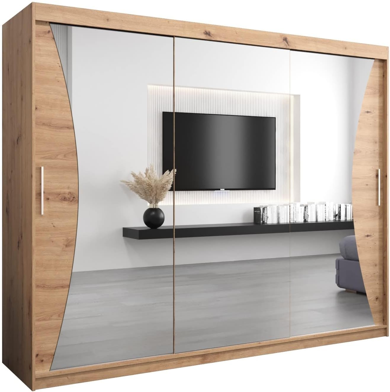 MEBLE KRYSPOL Kleiderschrank mit Spiegel Monaco - Garderobenschrank - Schrank Schlafzimmer - Mehrzweckschrank DREI Schiebetüren - Regalen - Flur Möbel - Kleiderstange Schrank - Allzweckschrank