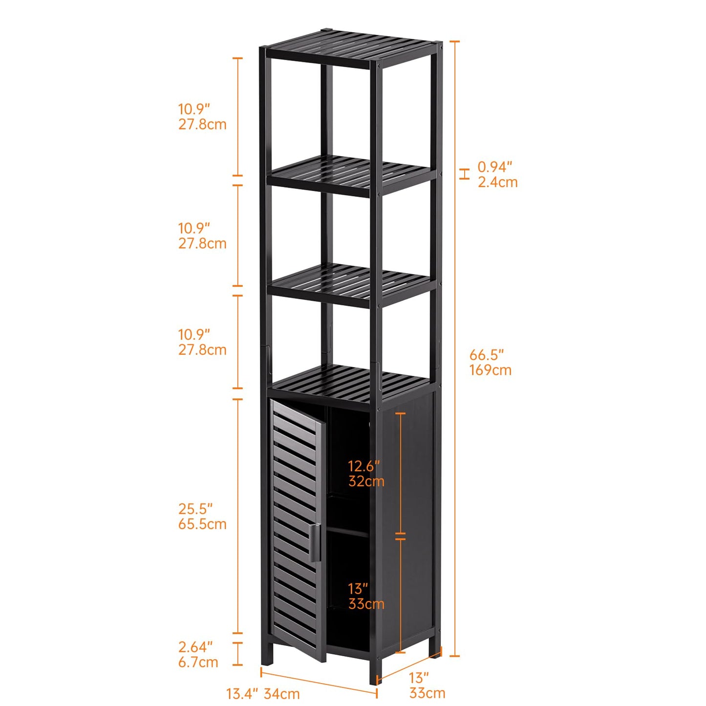 HITNET Bathroom Cabinet Bamboo Black Bathroom Cabinet Tall Cabinet Narrow Freestanding Floor Standing with Open Shelf and Single Door