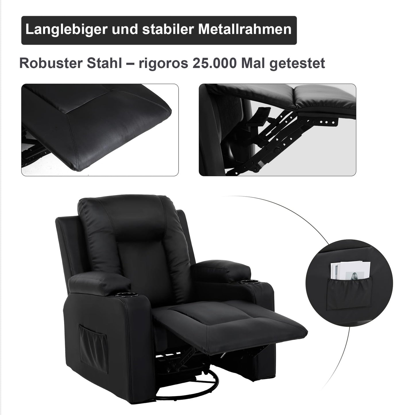 COMHOMA Relaxsessel-Set, Sofa, Sofa-Set aus Kunstleder, Fernsehsessel Ruhesessel Liegesessel mit Liege-Funktion Polstersessel Schlafsessel für Wohnzimmer Schlafzimmer Heimkino,Schwarz, 3+2+1