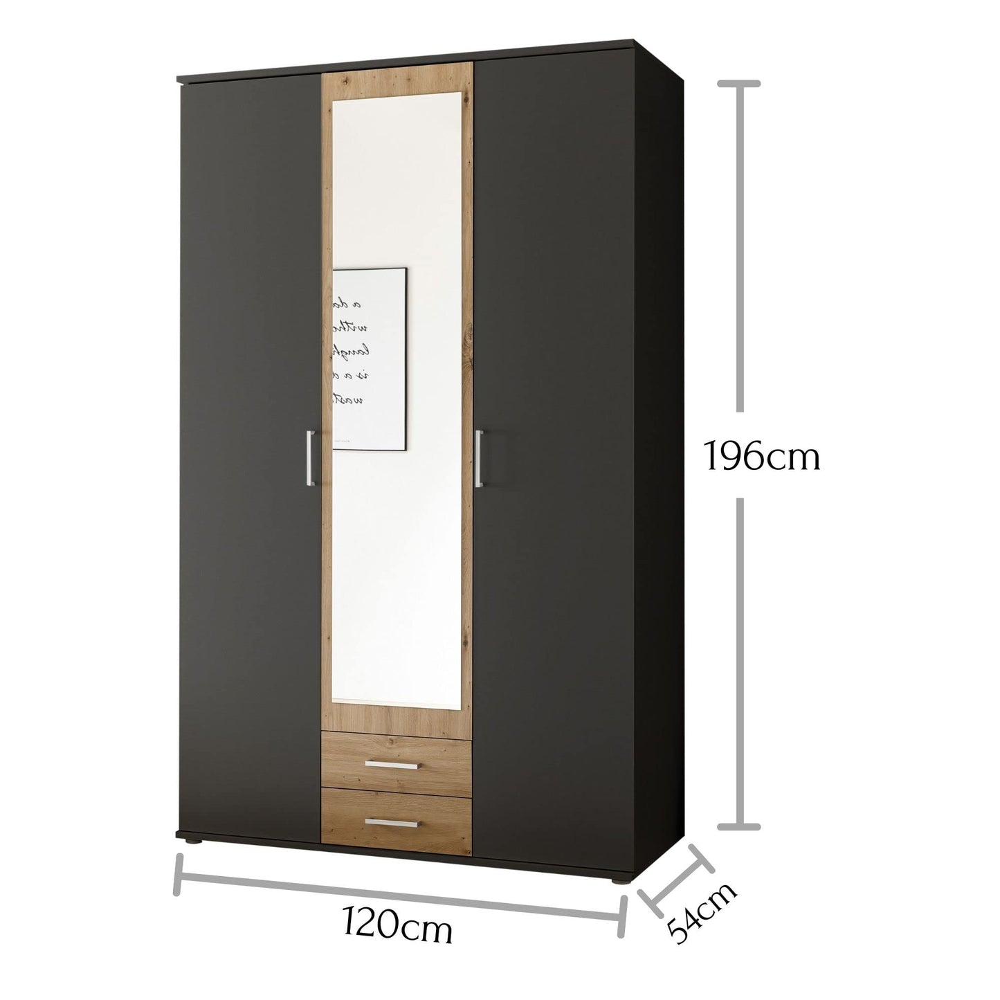 Stella Trading HANAU Wardrobe with Mirror Door in White, Graphite, Versatile Hinged Door Cupboard, 4 Doors for Your Bedroom, 160 x 196 x 54 cm (W x H x D)