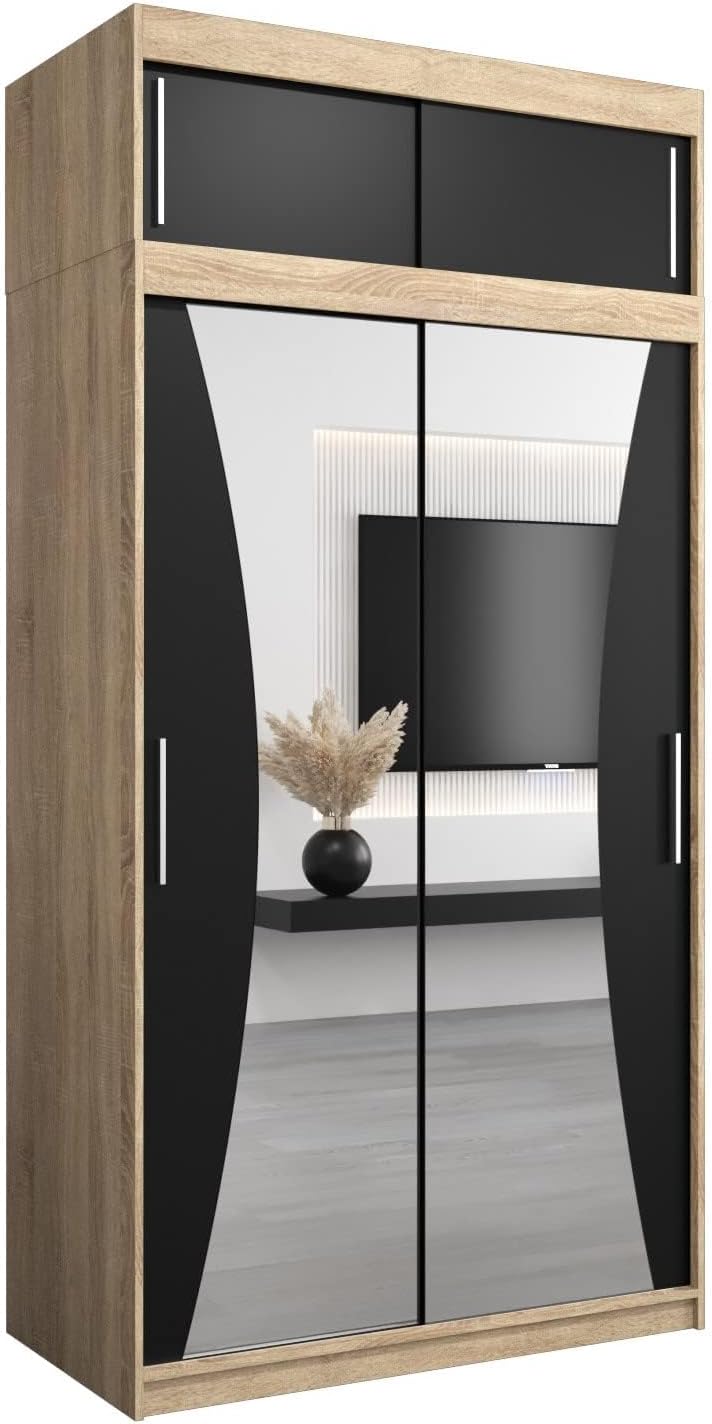 MEBLE KRYSPOL Kleiderschrank mit Spiegel Monaco - Garderobenschrank - Schrank Schlafzimmer - Mehrzweckschrank DREI Schiebetüren - Regalen - Flur Möbel - Kleiderstange Schrank - Allzweckschrank